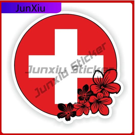 Switzerland Round Flag Flower With National Emblem Vinyl Stickers Graphic Decals Motorcycle Bumper Suv Cover Waterproof Stickers