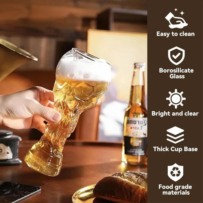 World Football Trophy Shape Beer Glass, High Borosilicate Glass, 450ml/600ml/800ml, Fan Gift for 2026 Soccer Matches & Parties