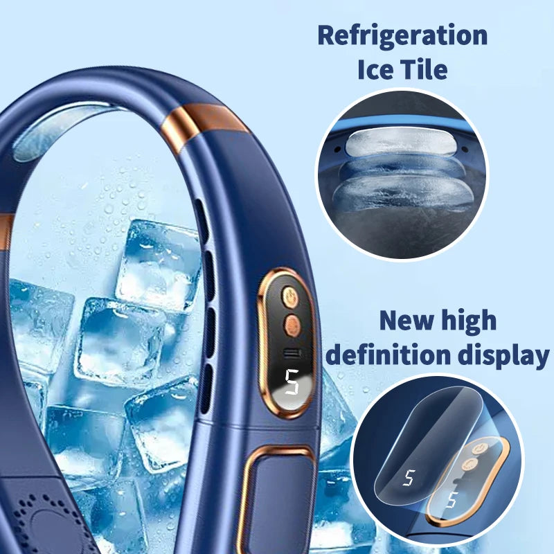 Wireless neck fan, neck cooling device, strong wind with silent operation, battery durability, with light, for summer cooling