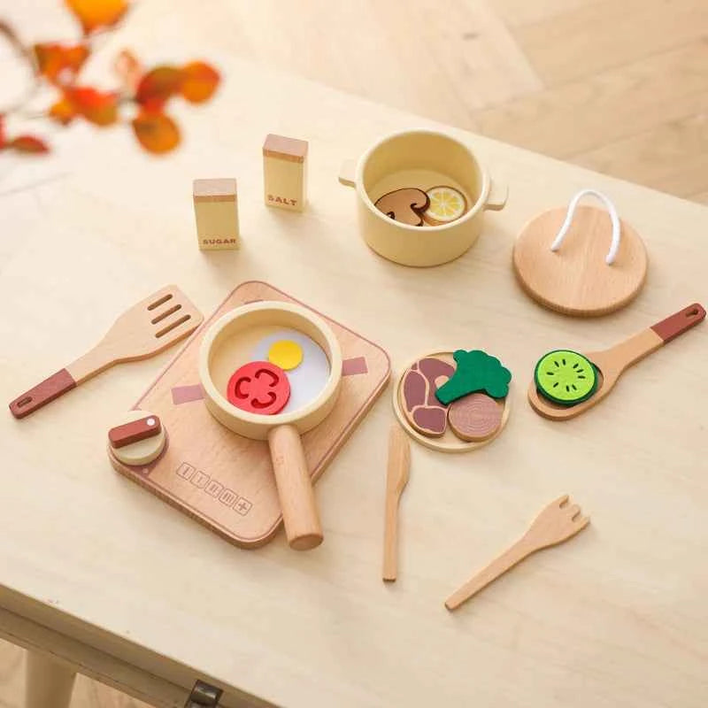 Kid Wooden Kitchen Toy Baby Play Kitchen Building Block Model Set Newborn Pretend Cooking Food Kitchen Toys Simulation Game Gift