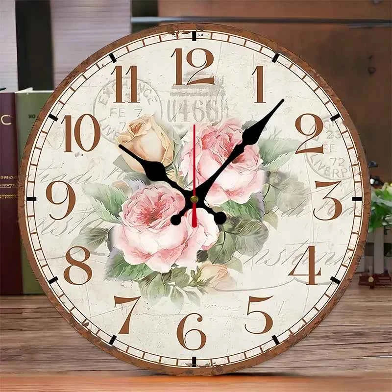 Antique Rose Wooden Round Silent Hanging Wall Clock, Suitable For Living Room, Office, Study Room, Bedroom, Home Decoration