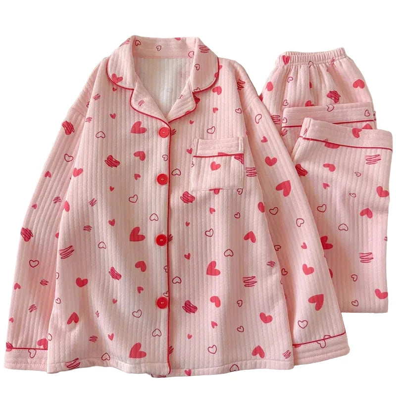 Simple Style Air Cotton Heart Shaped Sleepwear Thickened Long Sleeve round Neck Short Skirt Style Sleep Pants Anti-Static