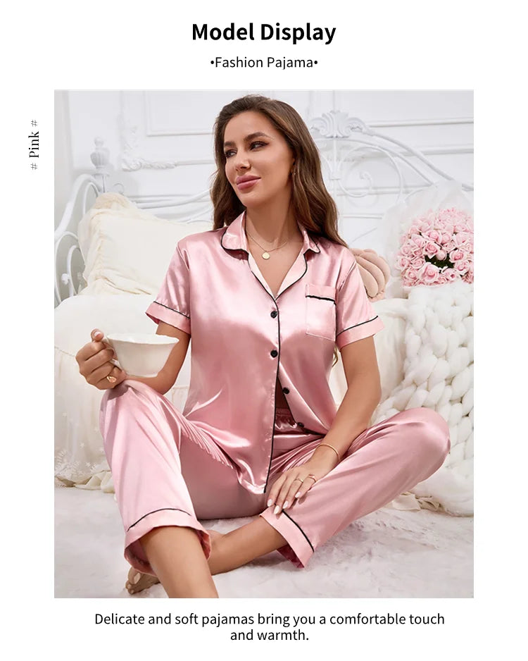 2026 New Women's Pajamas Sets Short Sleeve Buttons Top & Pants Sleepwear 2 Piece Button-Down Pj Set Homewear Satin Loungewear