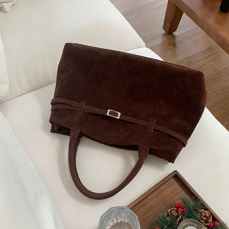 Retro Matte Suede Purse Handbags for Women Large Capacity Fall Winter Casual Tote Bag Belt Design Female Work Shoulder Bags
