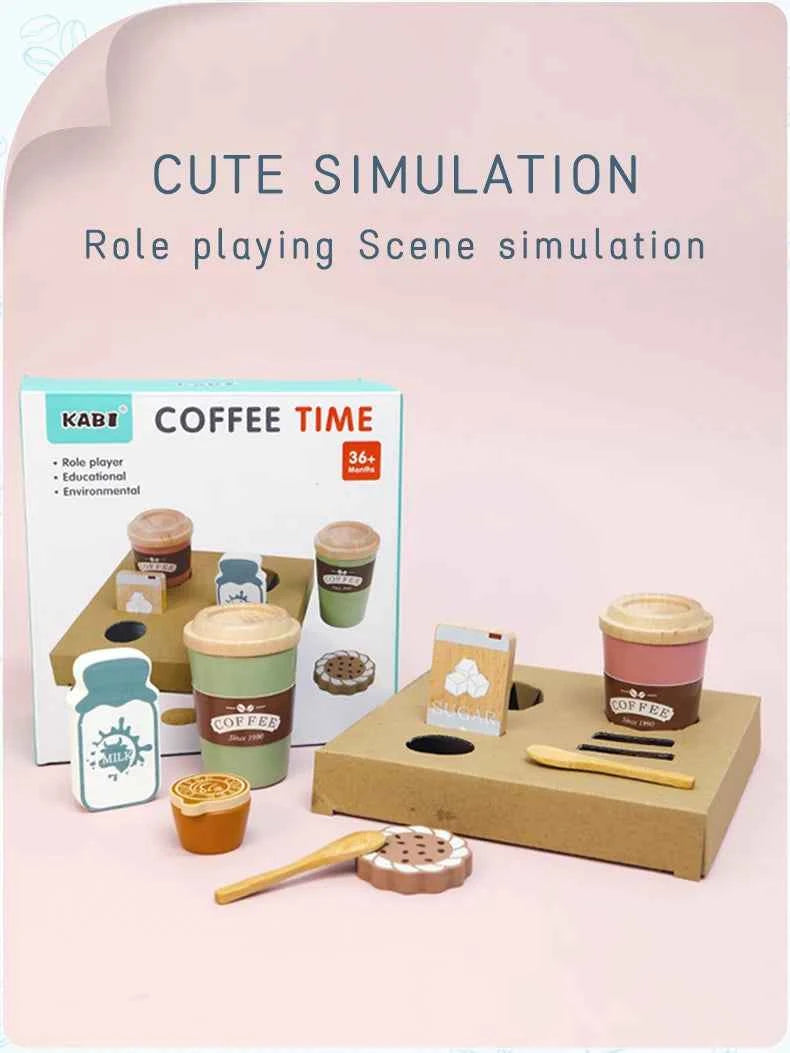 Kids Wooden Coffee Toy Set Toddler Pretend Play Kitchen Accessories Gift for Children House Play Early Educational Toys for Kids