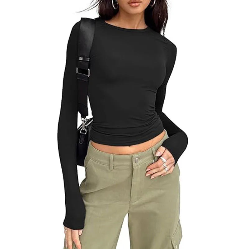 Fashion Long Sleeve Crew Neck Solid Slim Fit Tee Women T-shirt Crop Top