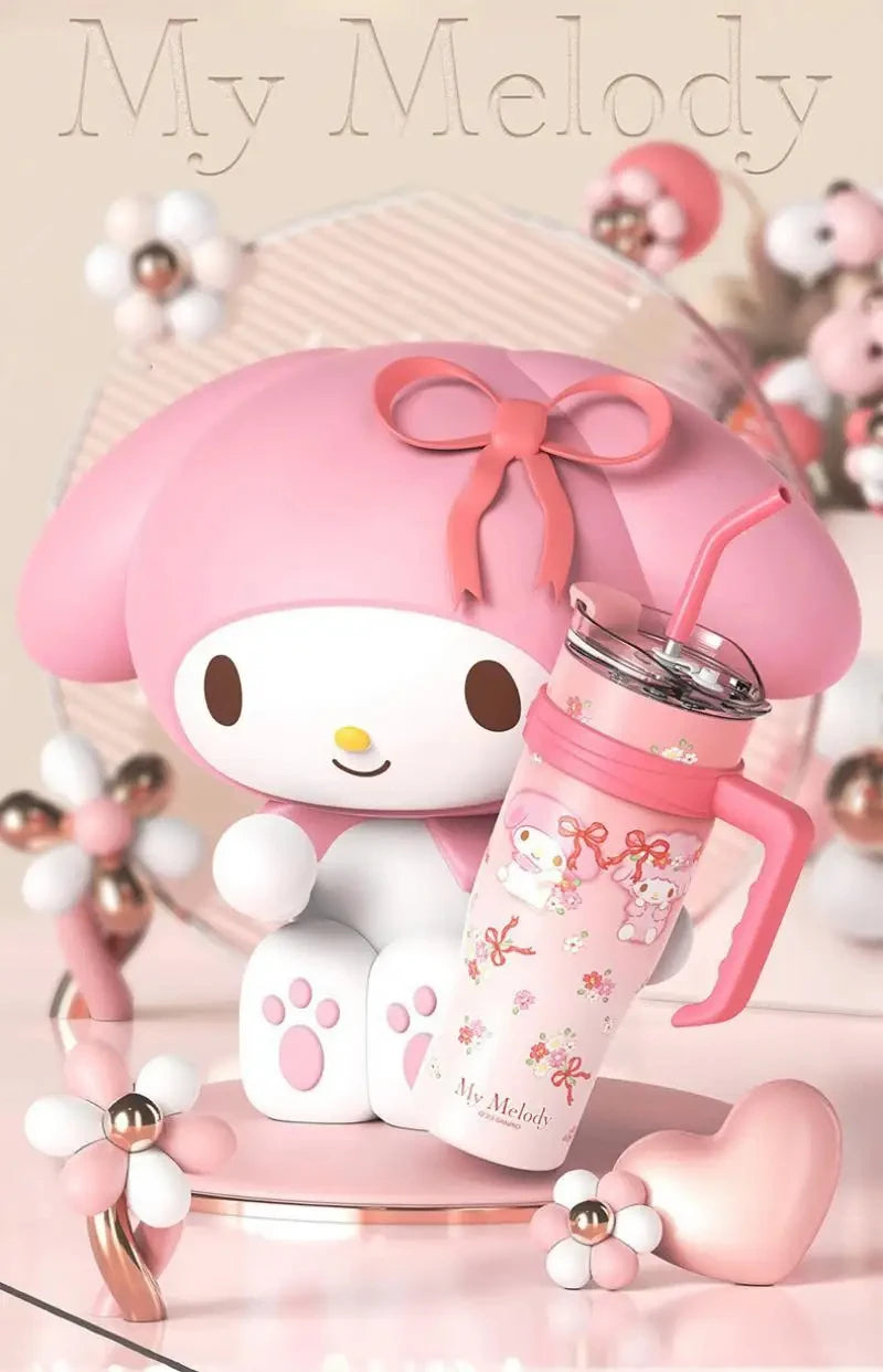 1200Ml Hello Kitty Kuromi Cinnamoroll Melody Thermos Water Bottle Cute Large Capacity Straw Cup Steel Kids Birthday Gift
