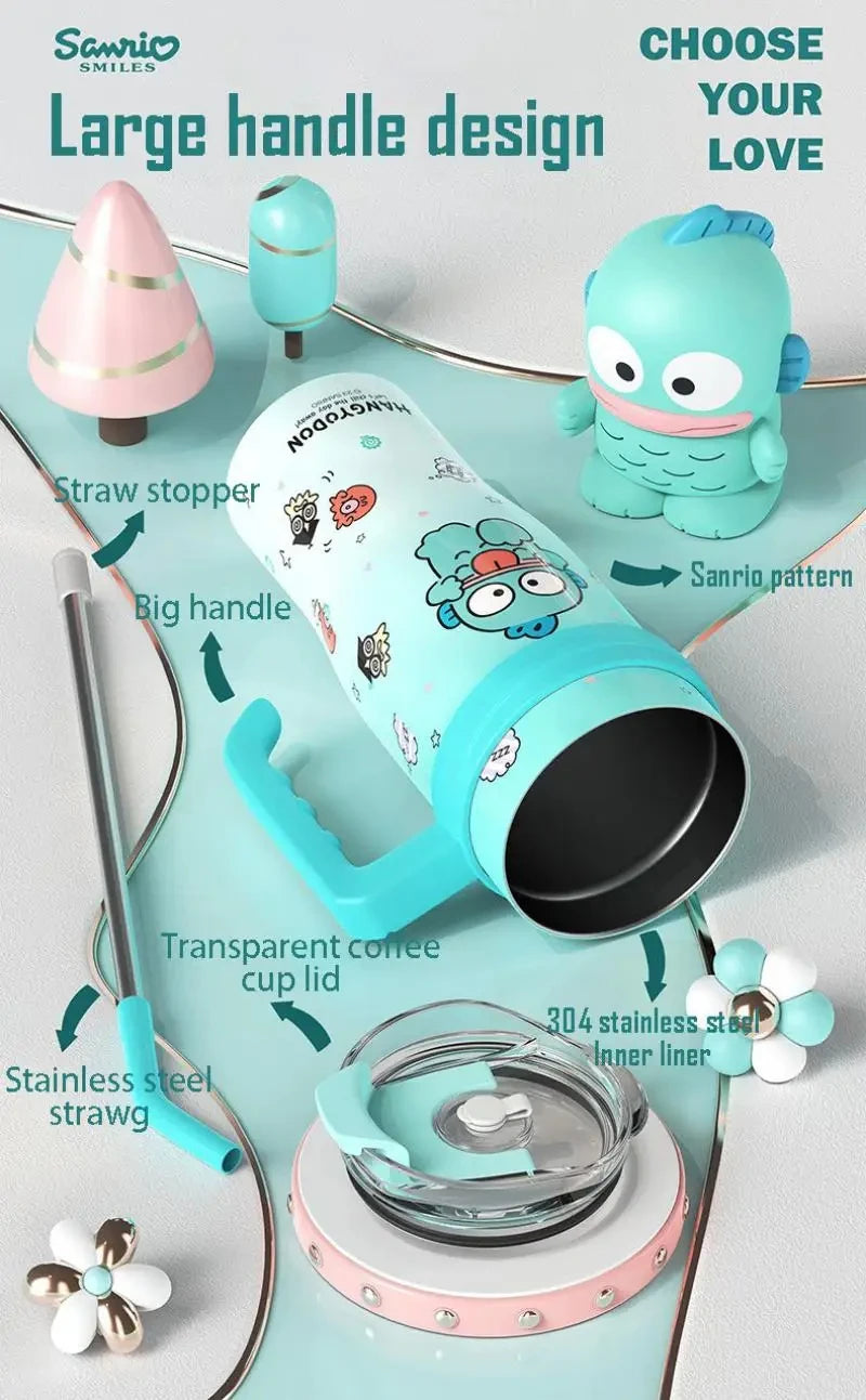 1200Ml Hello Kitty Kuromi Cinnamoroll Melody Thermos Water Bottle Cute Large Capacity Straw Cup Steel Kids Birthday Gift