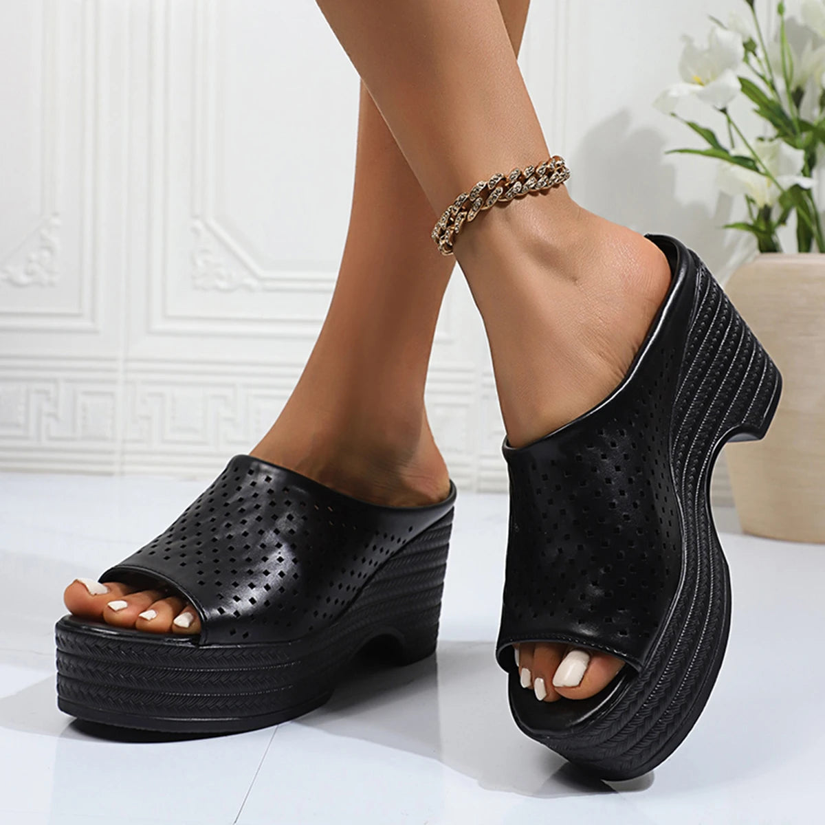Women Summer Wedge Sandals Slope Heel Comfortable Shoes for Women Breathable Hollow Mesh Outer Wear Beach Platform Sandals