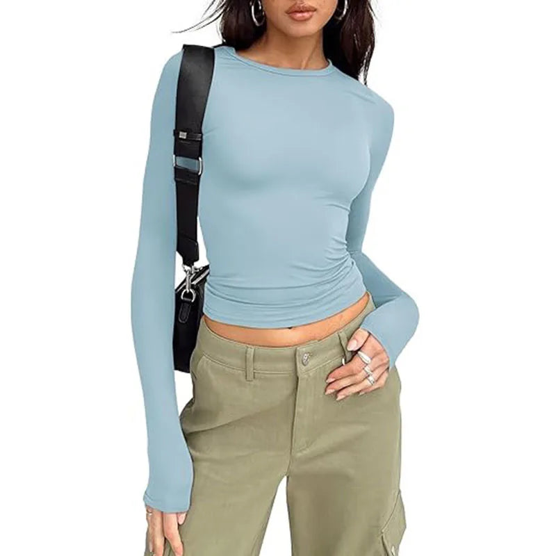 Fashion Long Sleeve Crew Neck Solid Slim Fit Tee Women T-shirt Crop Top
