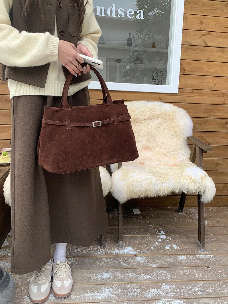 Retro Matte Suede Purse Handbags for Women Large Capacity Fall Winter Casual Tote Bag Belt Design Female Work Shoulder Bags