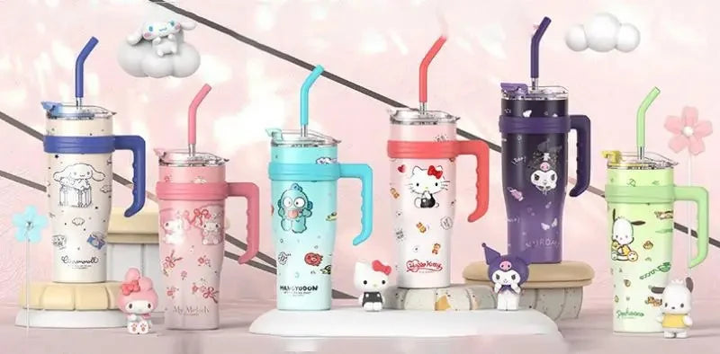 1200Ml Hello Kitty Kuromi Cinnamoroll Melody Thermos Water Bottle Cute Large Capacity Straw Cup Steel Kids Birthday Gift