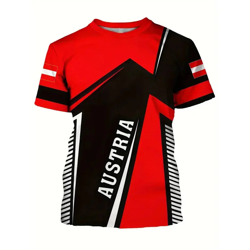 Austria National Flag Themed T-shirt Men's Clothing 3d Printed Stripe Word T Shirts Casual Fashion Street Short Sleeves Tees