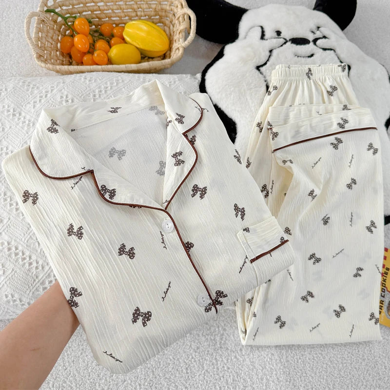 Girls Stripe Spwear Women's  Knot Star Long Sve Long Pants Korean Sle Sweet Crepe Home Clothes Set