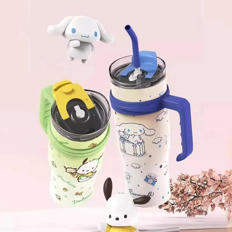 1200Ml Hello Kitty Kuromi Cinnamoroll Melody Thermos Water Bottle Cute Large Capacity Straw Cup Steel Kids Birthday Gift