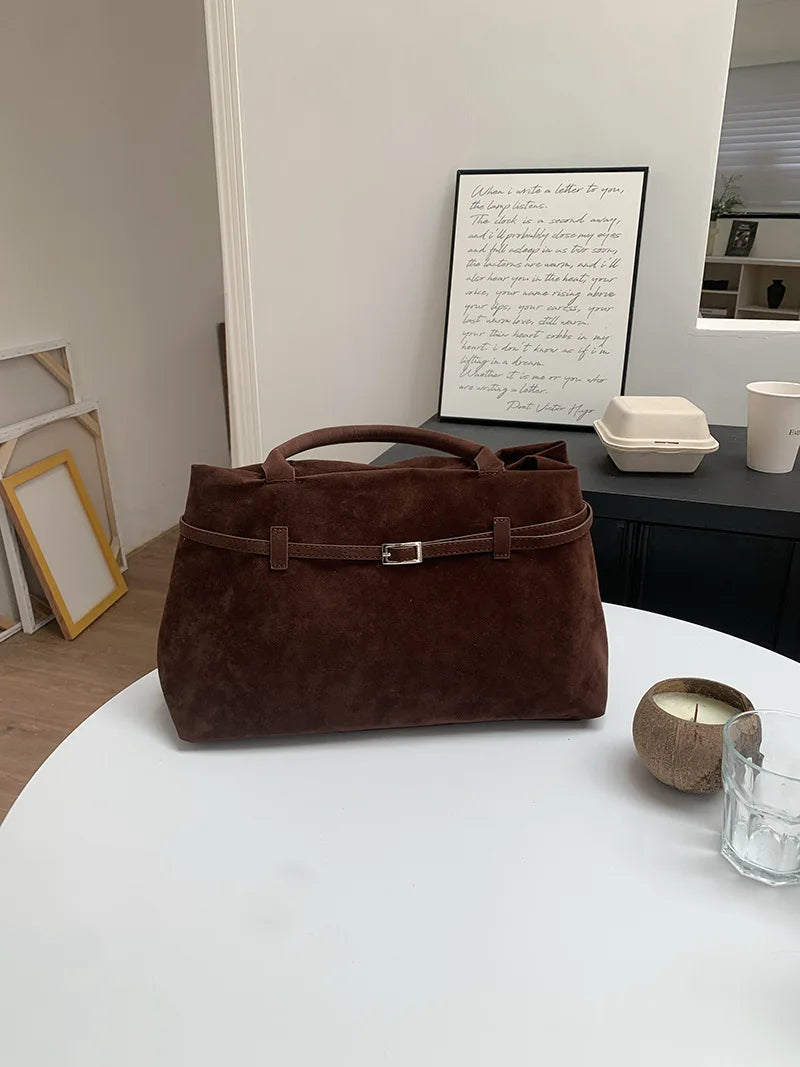 Retro Matte Suede Purse Handbags for Women Large Capacity Fall Winter Casual Tote Bag Belt Design Female Work Shoulder Bags