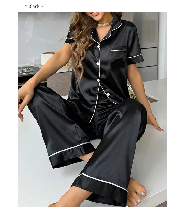 2026 New Women's Pajamas Sets Short Sleeve Buttons Top & Pants Sleepwear 2 Piece Button-Down Pj Set Homewear Satin Loungewear