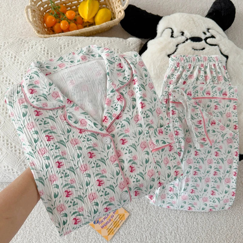 Girls Stripe Spwear Women's  Knot Star Long Sve Long Pants Korean Sle Sweet Crepe Home Clothes Set