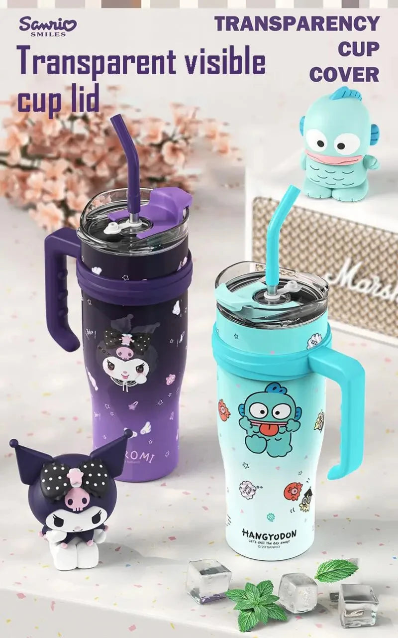 1200Ml Hello Kitty Kuromi Cinnamoroll Melody Thermos Water Bottle Cute Large Capacity Straw Cup Steel Kids Birthday Gift