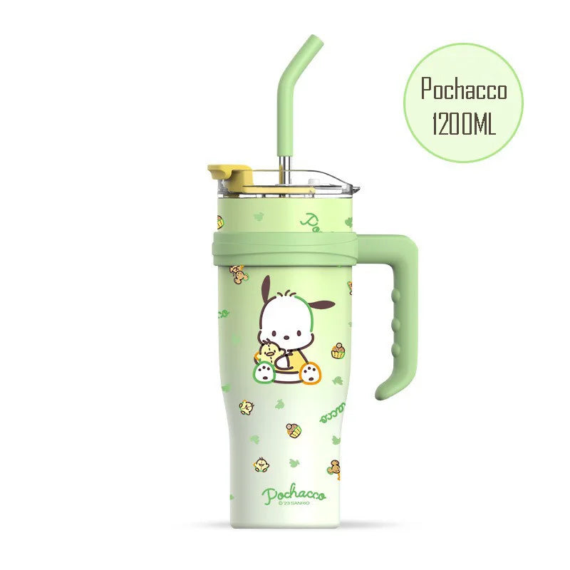 1200Ml Hello Kitty Kuromi Cinnamoroll Melody Thermos Water Bottle Cute Large Capacity Straw Cup Steel Kids Birthday Gift