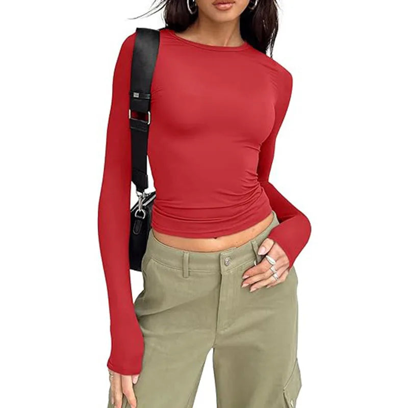 Fashion Long Sleeve Crew Neck Solid Slim Fit Tee Women T-shirt Crop Top
