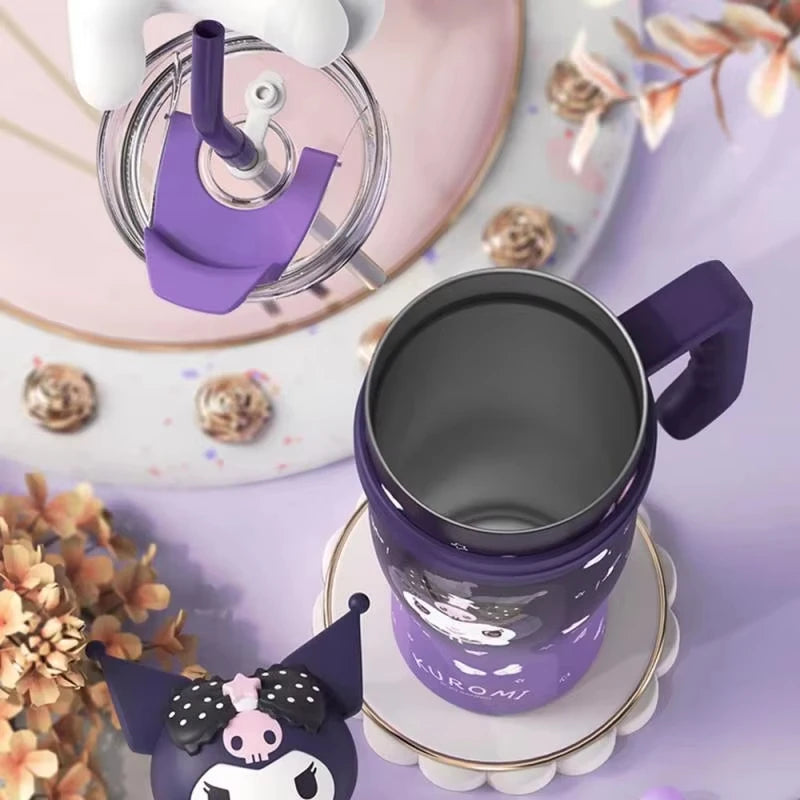 1200Ml Hello Kitty Kuromi Cinnamoroll Melody Thermos Water Bottle Cute Large Capacity Straw Cup Steel Kids Birthday Gift