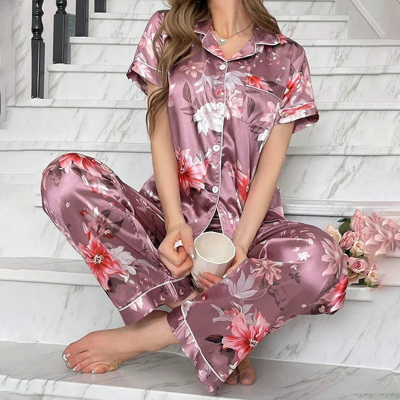 2026 New Women's Pajamas Sets Short Sleeve Buttons Top & Pants Sleepwear 2 Piece Button-Down Pj Set Homewear Satin Loungewear