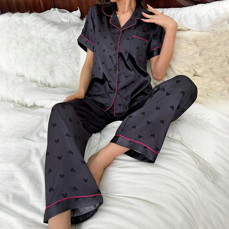 2026 New Women's Pajamas Sets Short Sleeve Buttons Top & Pants Sleepwear 2 Piece Button-Down Pj Set Homewear Satin Loungewear