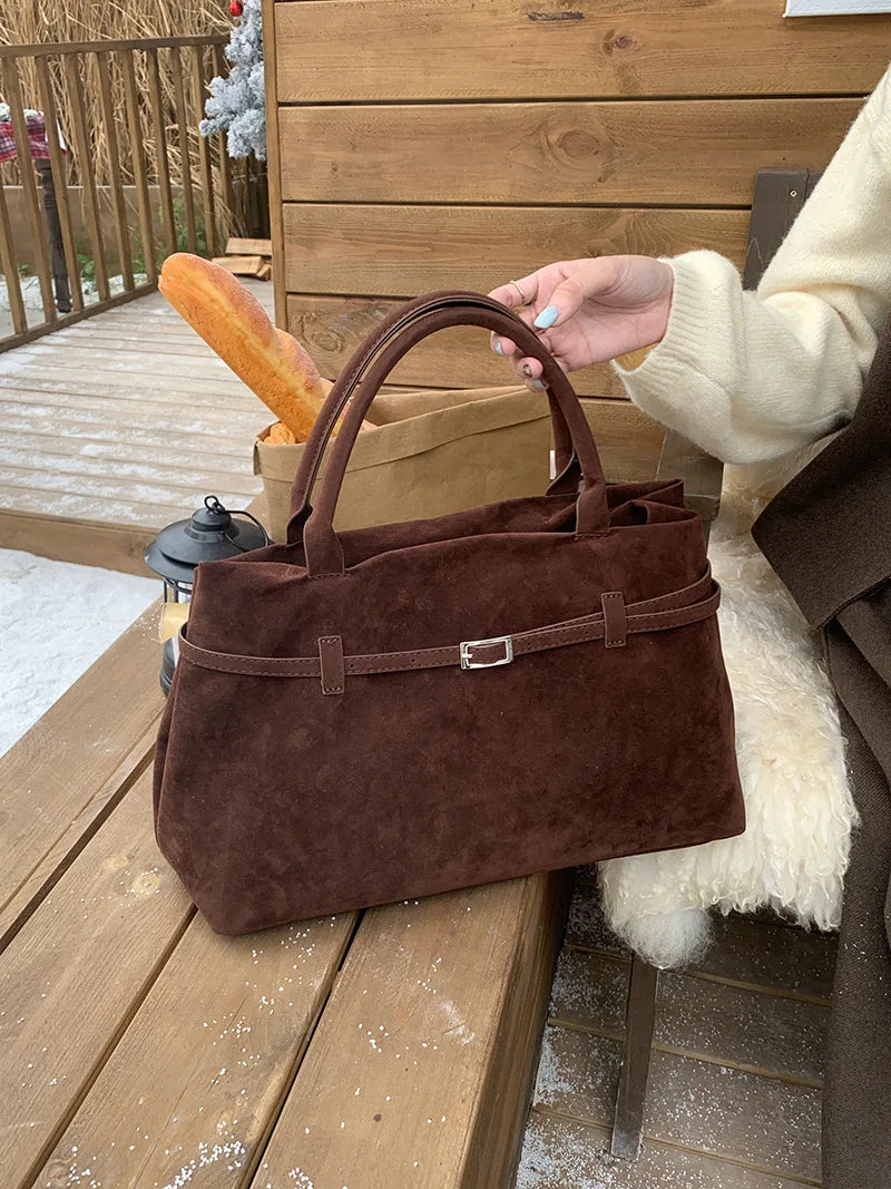 Retro Matte Suede Purse Handbags for Women Large Capacity Fall Winter Casual Tote Bag Belt Design Female Work Shoulder Bags