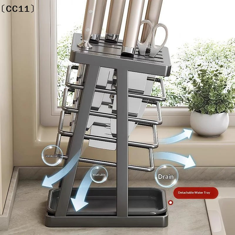 Kitchen Utensils Storage Holder Square Space Saving Cutting Tool Storage Rack Countertop Drainage Plating Multifunctional〔CC11〕