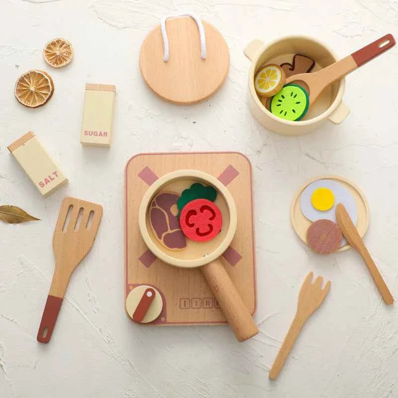 Kid Wooden Kitchen Toy Baby Play Kitchen Building Block Model Set Newborn Pretend Cooking Food Kitchen Toys Simulation Game Gift