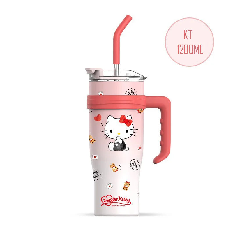1200Ml Hello Kitty Kuromi Cinnamoroll Melody Thermos Water Bottle Cute Large Capacity Straw Cup Steel Kids Birthday Gift
