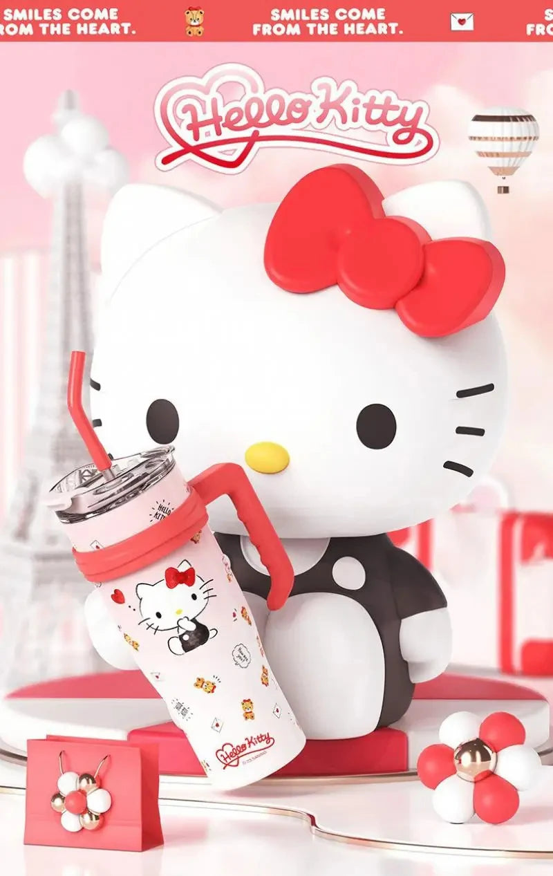 1200Ml Hello Kitty Kuromi Cinnamoroll Melody Thermos Water Bottle Cute Large Capacity Straw Cup Steel Kids Birthday Gift
