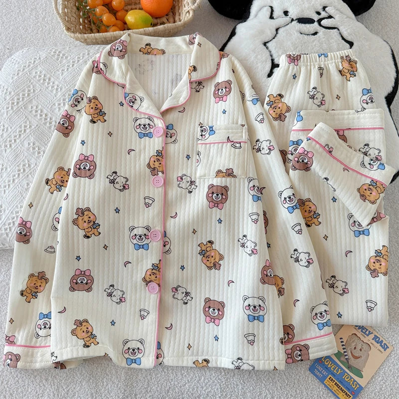 Cartoon Fun Penguin Print Two Pieces Set Sleepwear Loungewear Korean Sweet Cute Women's Pajamas Winter New Homewear Nightwear