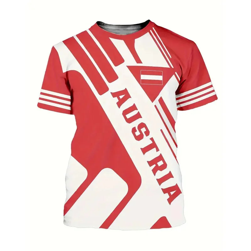 Austria National Flag Themed T-shirt Men's Clothing 3d Printed Stripe Word T Shirts Casual Fashion Street Short Sleeves Tees