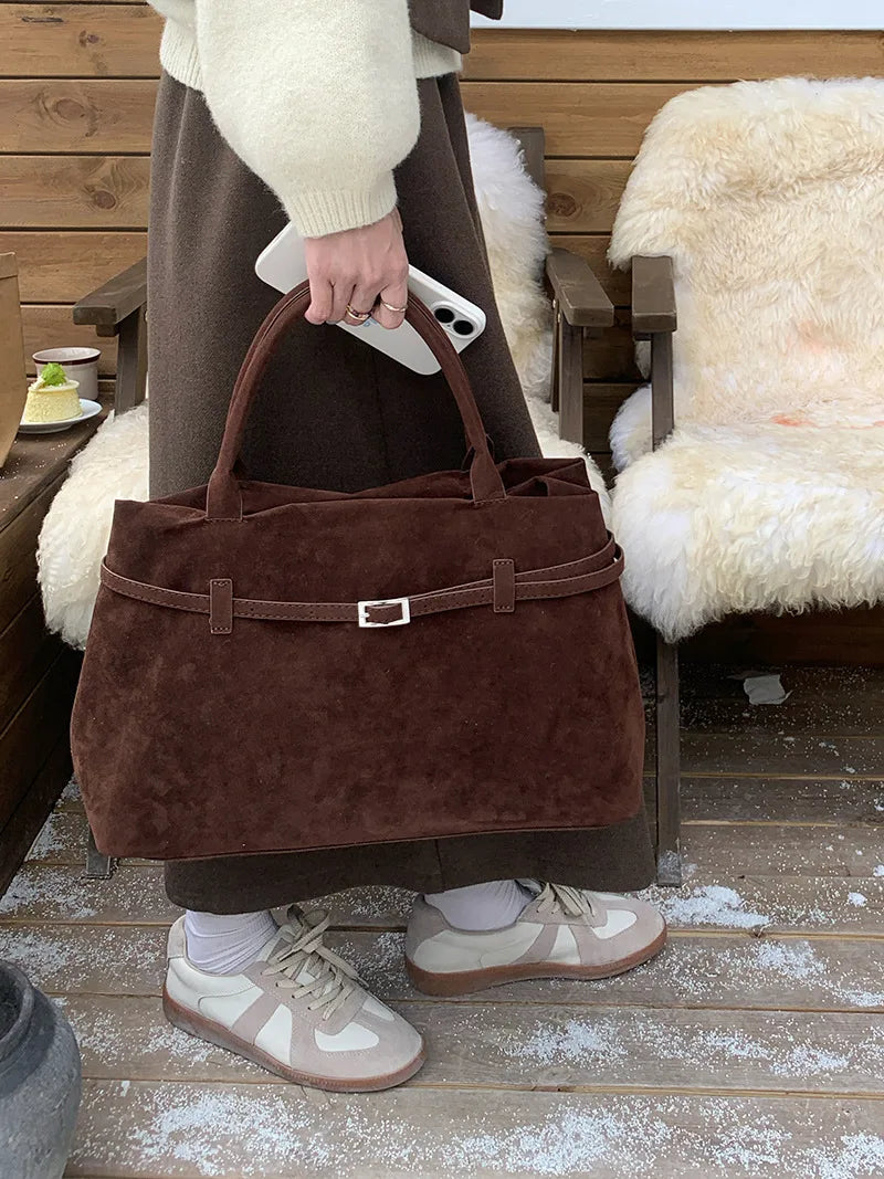 Retro Matte Suede Purse Handbags for Women Large Capacity Fall Winter Casual Tote Bag Belt Design Female Work Shoulder Bags