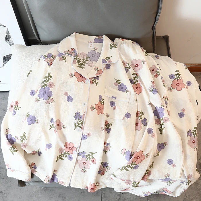 Women's Pajamas Set Y2K Cartoon Bear Flower Print Autumn Pajamas for Women Kawaii New Harajuku Style Casual Homewear Sleepwear