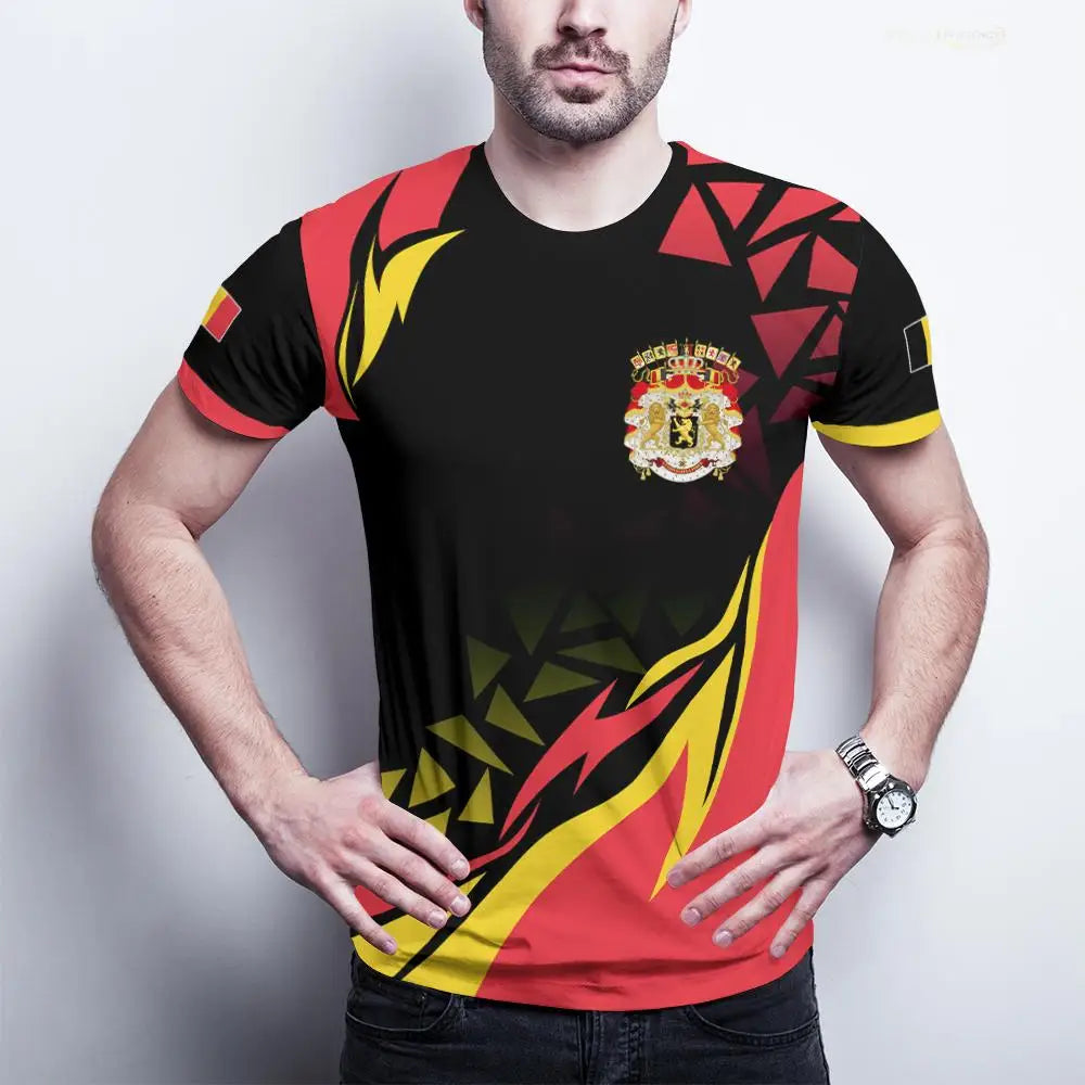 Belgian Flag Print T-shirt Men's Belgium Emblem Graphic Breathable Quick-drying Football Jersey Men's Women's Casual Streetwear