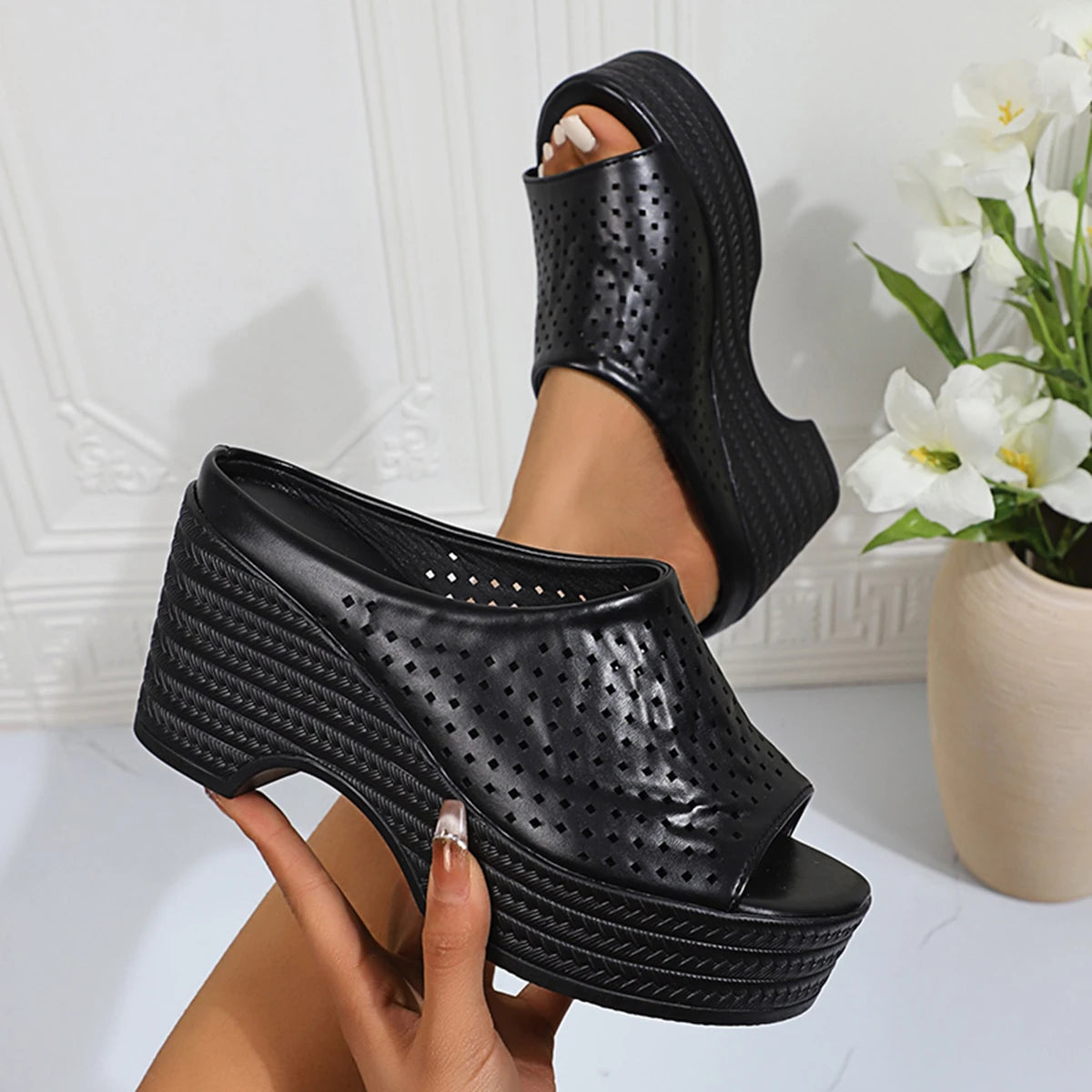 Women Summer Wedge Sandals Slope Heel Comfortable Shoes for Women Breathable Hollow Mesh Outer Wear Beach Platform Sandals