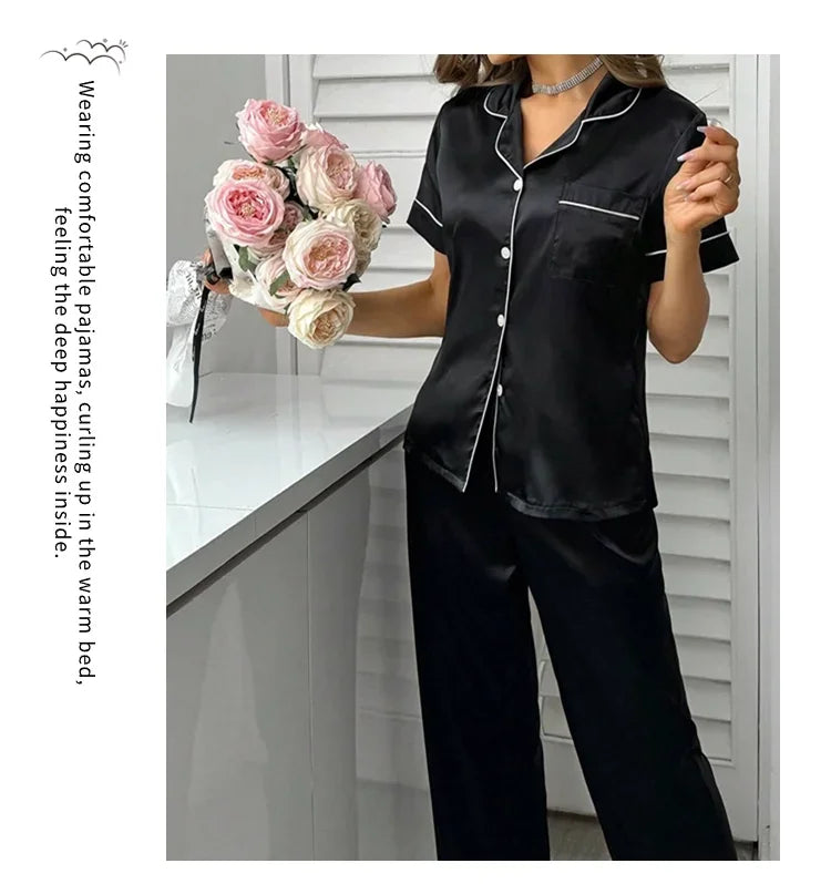 2026 New Women's Pajamas Sets Short Sleeve Buttons Top & Pants Sleepwear 2 Piece Button-Down Pj Set Homewear Satin Loungewear