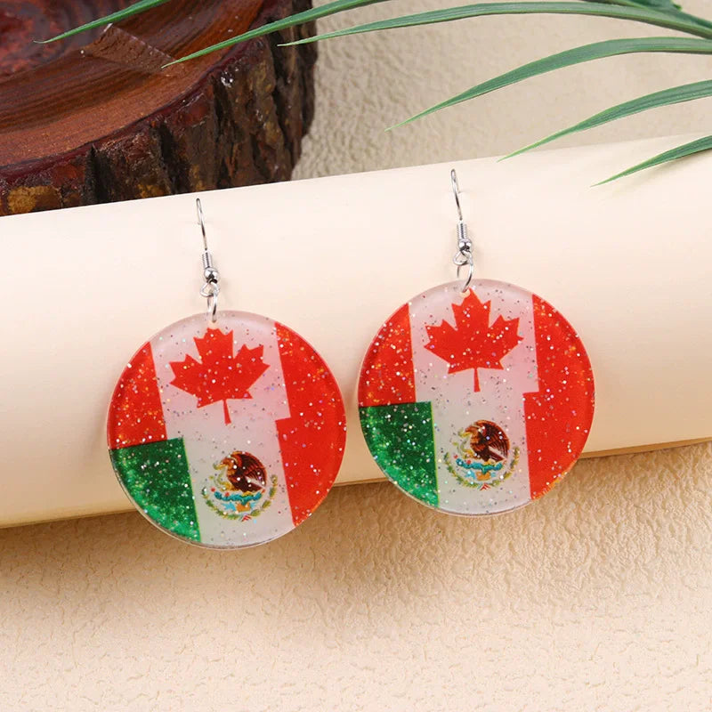 New USA, Canada, Mexico Football National Flag Elements Celebration Earrings Tassel Round Acrylic Earrings Sports Style Earrings