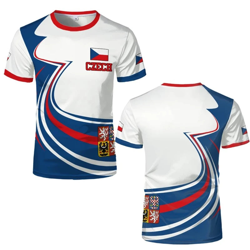 Czech Republic Flag Football T Shirts Czech Republic National Emblem 3D Printed Sports T-shirts Loose Breathable Crew Neck Tees