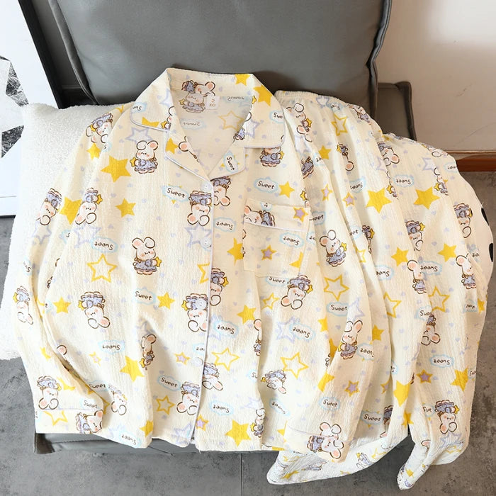 Women's Pajamas Set Y2K Cartoon Bear Flower Print Autumn Pajamas for Women Kawaii New Harajuku Style Casual Homewear Sleepwear