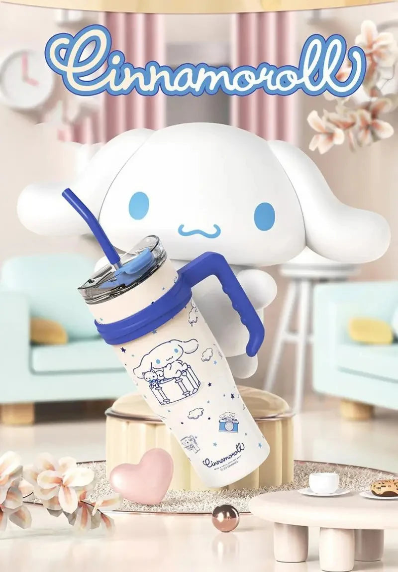 1200Ml Hello Kitty Kuromi Cinnamoroll Melody Thermos Water Bottle Cute Large Capacity Straw Cup Steel Kids Birthday Gift