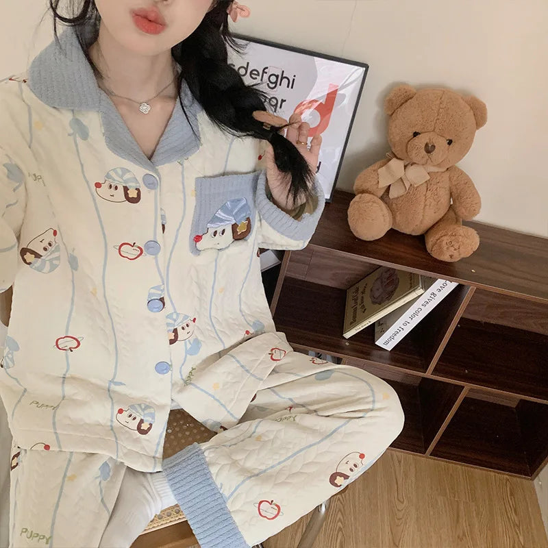 Sweet Korean Style Air Cotton Layered Long Sleeve Long Pants Loose Fit Comfortable Breathable Sleepwear for Spring Autumn Winter