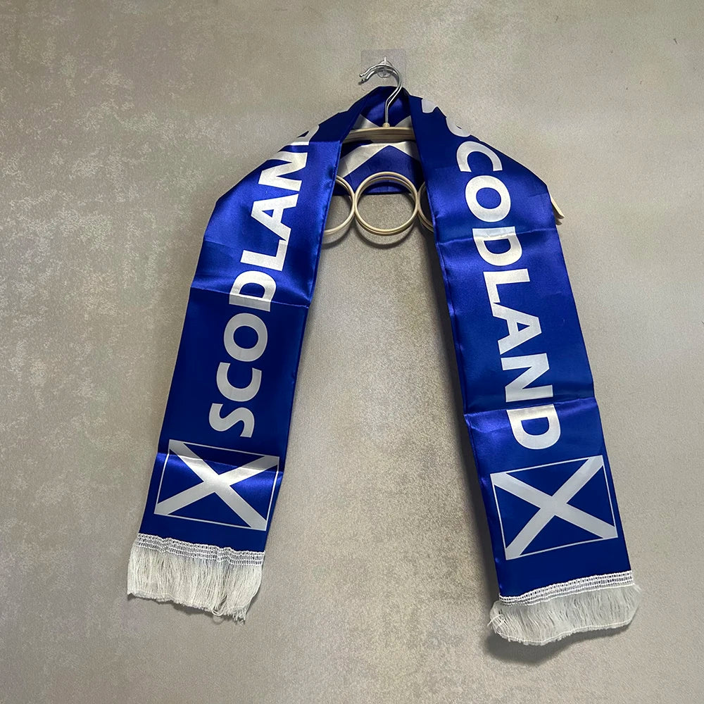 2026 Scotland Scarf 14x135cm Double-sided Printed Satin Scotland Flag Scarf Tassels Suitable for Football, Sports, Events