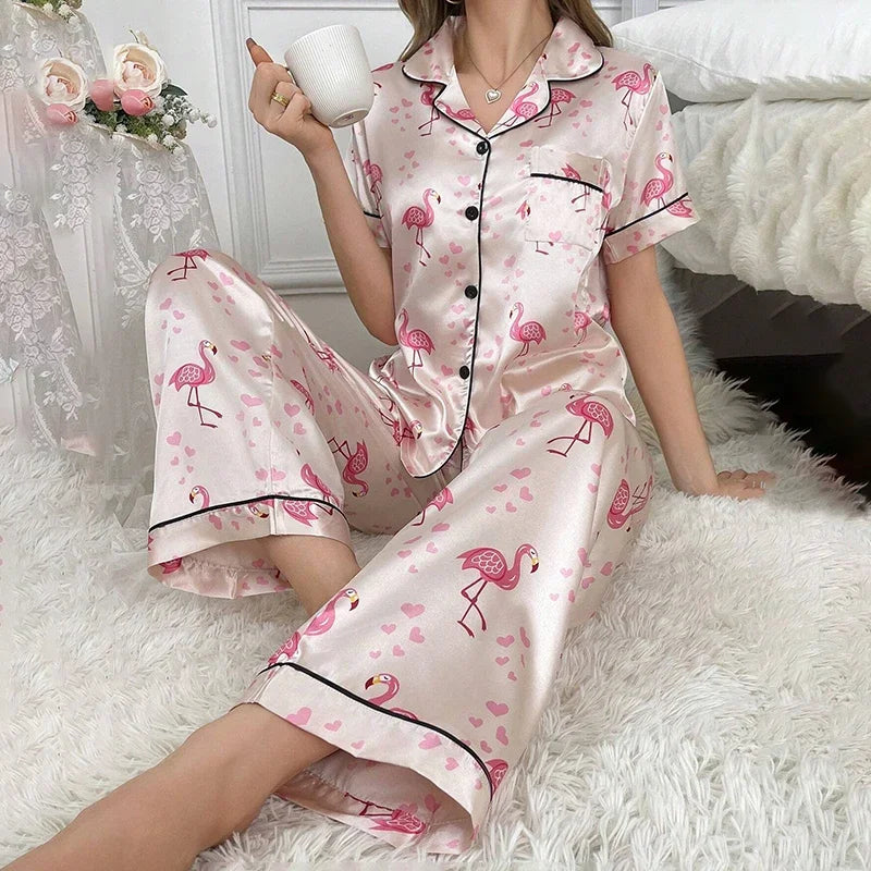 2026 New Women's Pajamas Sets Short Sleeve Buttons Top & Pants Sleepwear 2 Piece Button-Down Pj Set Homewear Satin Loungewear