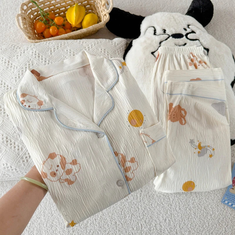 Girls Stripe Spwear Women's  Knot Star Long Sve Long Pants Korean Sle Sweet Crepe Home Clothes Set