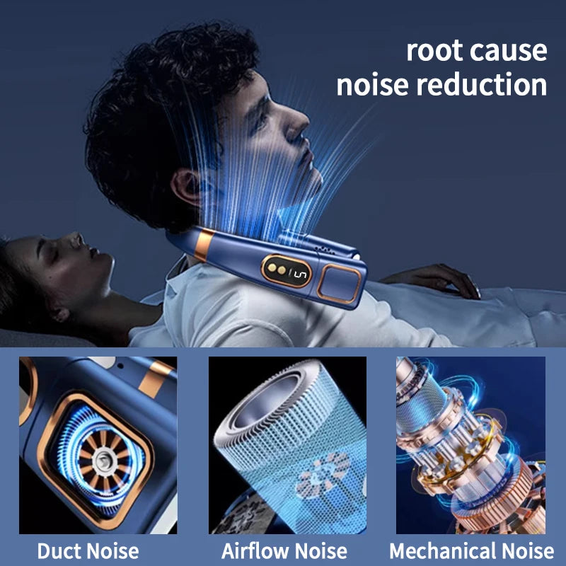 Wireless neck fan, neck cooling device, strong wind with silent operation, battery durability, with light, for summer cooling