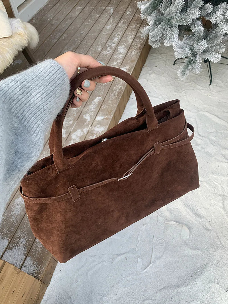 Retro Matte Suede Purse Handbags for Women Large Capacity Fall Winter Casual Tote Bag Belt Design Female Work Shoulder Bags